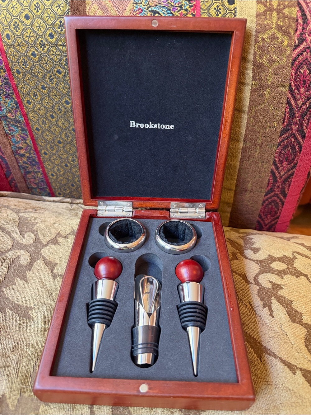 Rosewood Brookstone Red Wood and Stainless Steel Wine Accessory Set